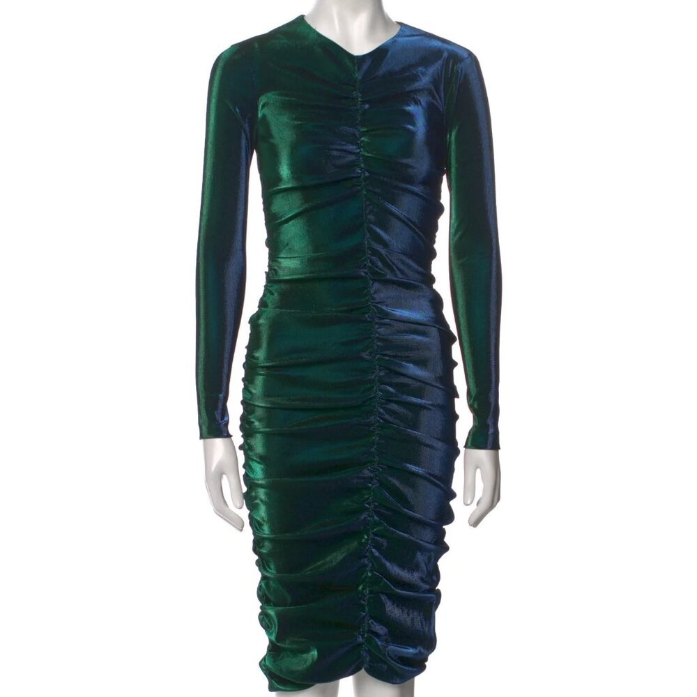 NWT Area Iridescent Green Ruched Midi Dress - XS